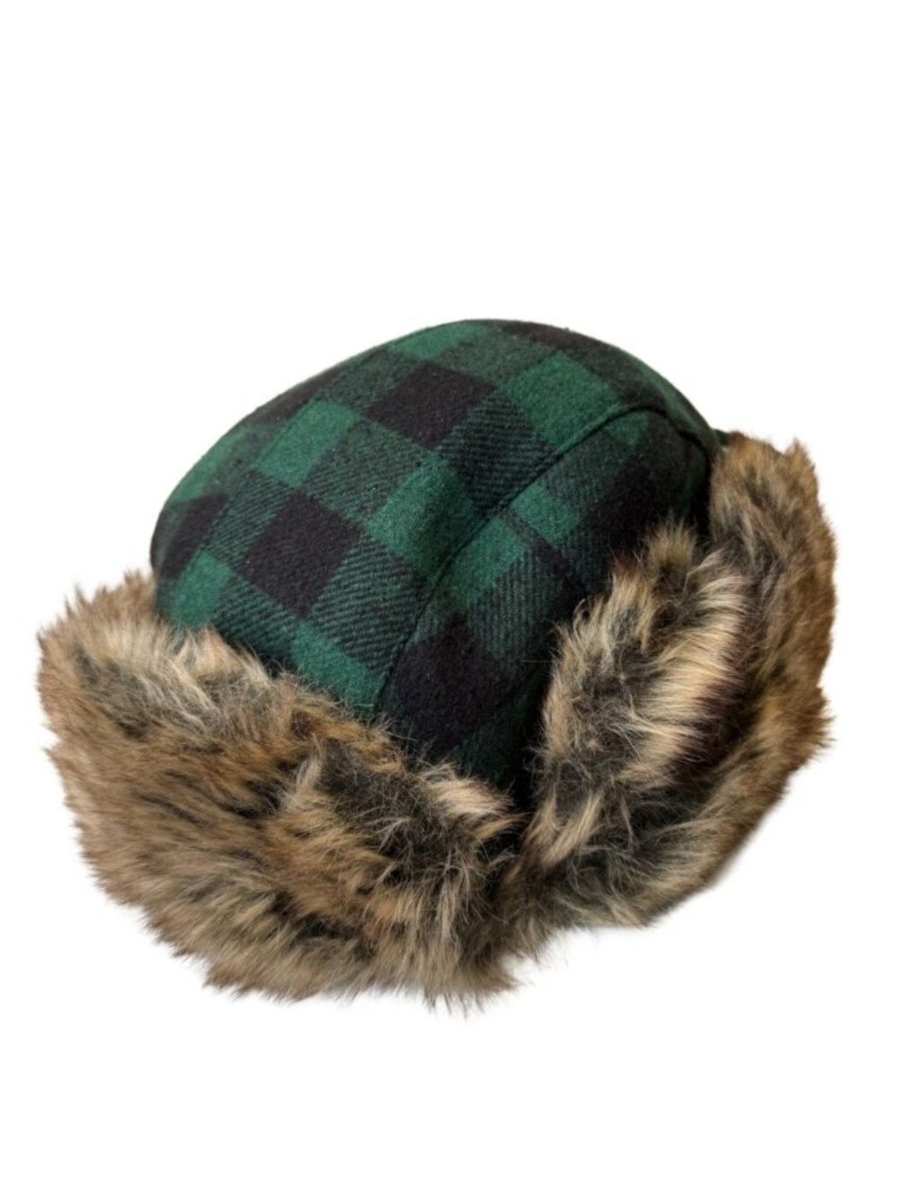 Wild Wear Plaid Faux Fur Trapper Hat Black Green Winter Cap Unisex One Size